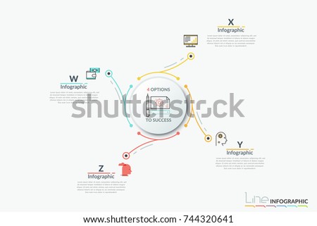 Circular chart with main round paper white element in center connected with 4 thin line icons and text boxes. Concept of four options to choose. Infographic design template. Vector illustration.