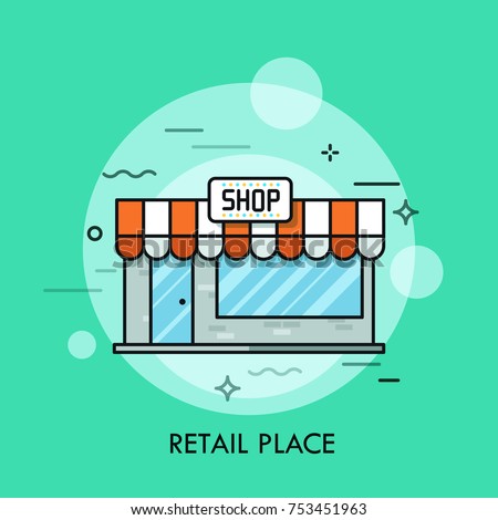 Small cute shop with awning, signboard, glass windows and entrance door. Concept of retail place, convenience store, shopping center. Vector illustration for banner, website, advertisement, poster.