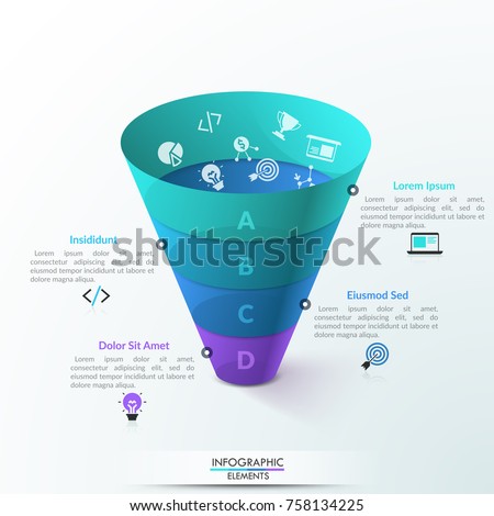 Volumetric diagram in shape of flipped frustum divided into 4 colorful lettered horizontal parts with thin line icons inside it. Modern vector illustration for presentation, brochure, report.