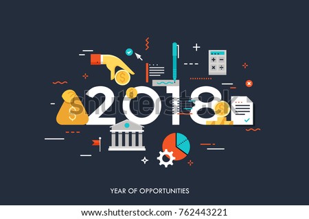 Infographic concept, 2018 - year of opportunities. New hot trends and predictions in economics, budget planning, money saving, tax and credit debt paying off. Vector illustration in flat style.