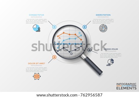 Four compared linear diagrams or graphs seen through magnifier, thin line symbols and text boxes. Concept of statistical analysis and comparison. Vector illustration for presentation, brochure.