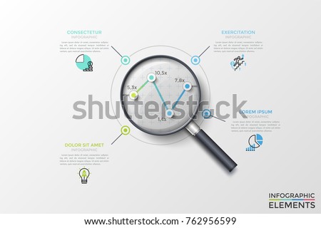 Linear chart or graph with 4 points seen through magnifying glass, thin line pictograms and text boxes. Concept of data analyzing. Modern vector illustration for presentation, company report.