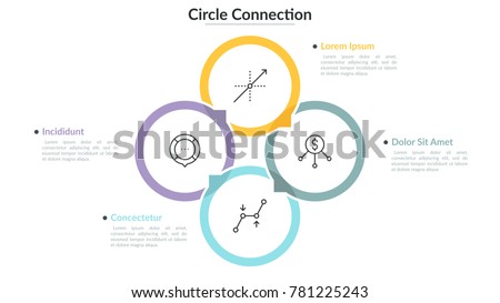 Round chart with 4 colored translucent overlapping circles with thin line pictograms inside and text boxes. Modern infographic design template. Vector illustration for presentation, brochure, website.