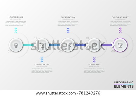 Five numbered round white elements with thin line icons inside arranged in horizontal row and connected by arrows. Concept of web diagram with drop down menu. Modern vector illustration for website.