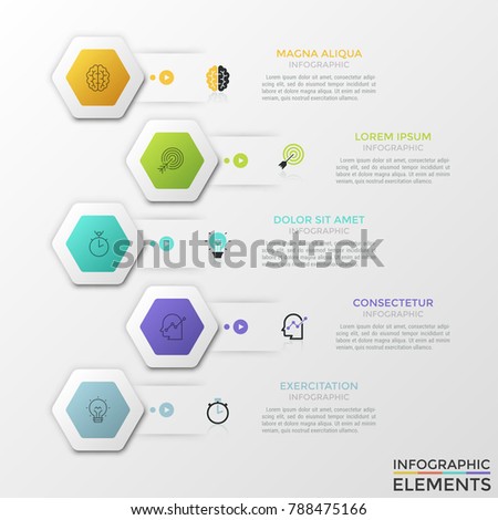 Five separate colorful hexagonal elements with thin line icons inside placed one above other, play buttons and text boxes. Concept of web or mobile application menu interface. Vector illustration.