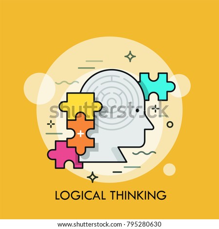 Human head with maze inside and colorful jigsaw puzzle pieces. Concept of logical thinking, intelligence, mental capacity, mind game. Colorful vector illustration in linear style for banner, poster.