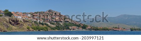 MOLYVOS, LESVOS, GREECE - JUNE 11, 2014: Hotels restaurants and bars in the popular holiday destination of Molyvos, including The Olive Press Hotel.