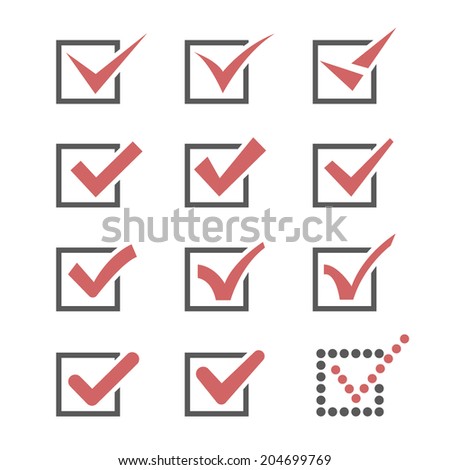 Set of twelve different red vector check marks or ticks in boxes conceptual of confirmation acceptance positive passed voting agreement true or completion of tasks on a list
