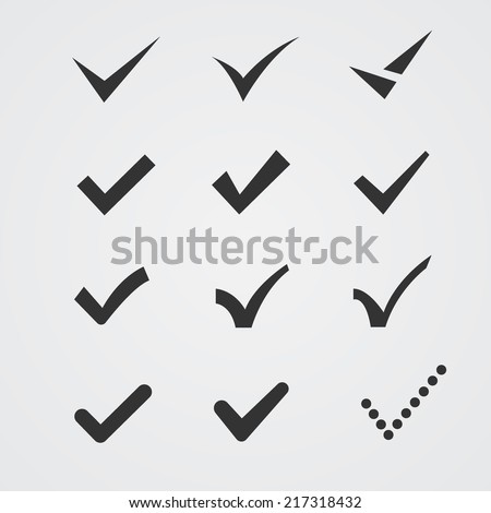 Set of twelve different grey vector check marks or ticks in boxes conceptual of confirmation acceptance positive passed voting agreement true or completion of tasks on a list