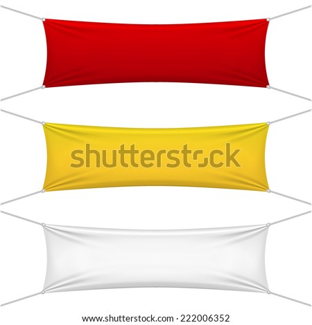 blank red, yellow, white textile banners with copy space suspended by ropes by all four corners and stretched tight hanging suspended against a white background