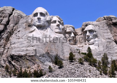 Mount Rushmore National Memorial in South Dakota features sculptures of former U.S. presidents George Washington, Thomas Jefferson, Theodore Roosevelt and Abraham Lincoln.