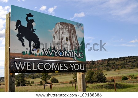 SPEARFISH - JUNE 18: Wyoming tourism marketers are using a new slogan \'theres nothing here\' to market Wyoming, the AP reports. A sign welcoming to Wyoming, in Spearfish, on June 18, 2009.