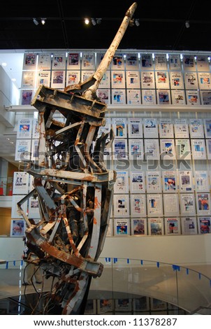 World Trade Center antenna and front pages of 9/11 newspapers in Newseum, Washington DC