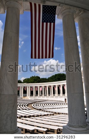 US flag hanging at the Memorial Amphitheater at the Arlington National Cemetery in Virginia on Memorial Day