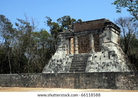At one end of the Great Ball Court is the North Temple, popularly called the Temple of the Bearded Man. Located in the Mayan city of Chichen Itza, Mexico.