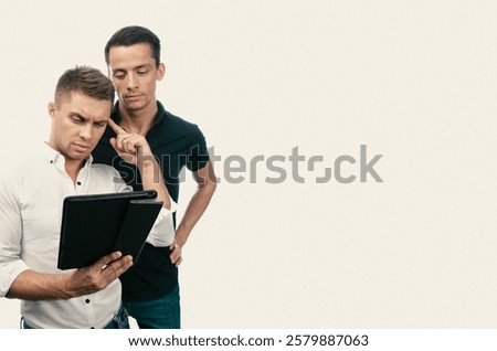 Similar – Image, Stock Photo Romantic Gay couple working together at home with their laptops.