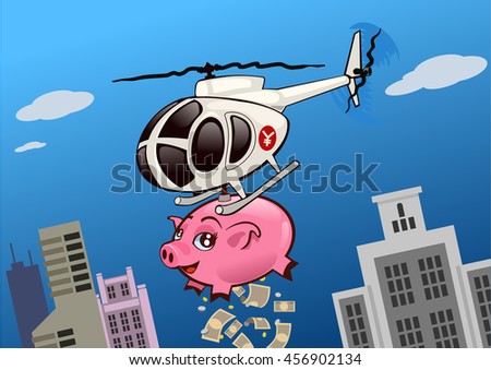 Helicopter throwing money from a piggy bank. A solution for economic crisis (Yen version)