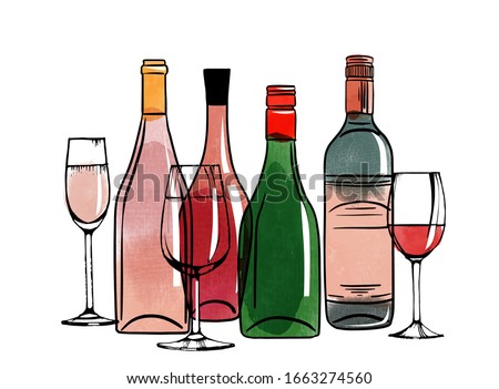 Vector watercolor illustration set of alcohol bottles and glasses