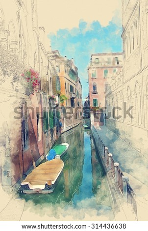 Quiet back street canal scene of Cannaregio Venice Italy
