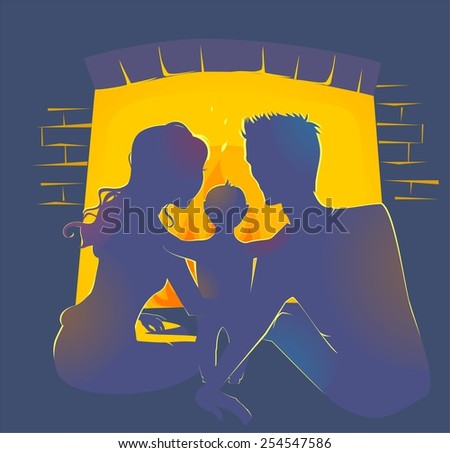 Silhouettes of father, mother and baby infront the fireplace. Vector