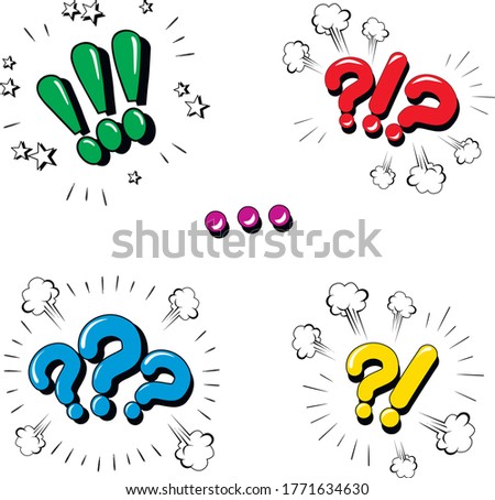 comic style vector illustration, question marks, exclamation marks, stickers