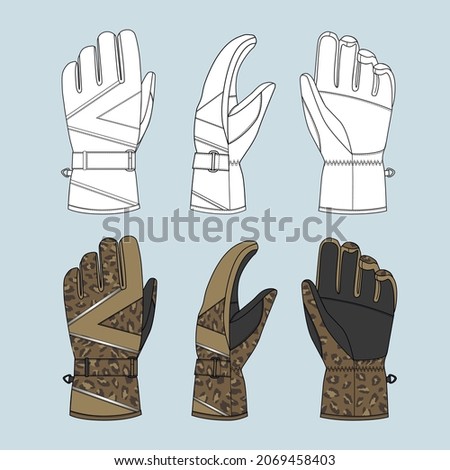 vector technical sketch of ski brown gloves with leopard print