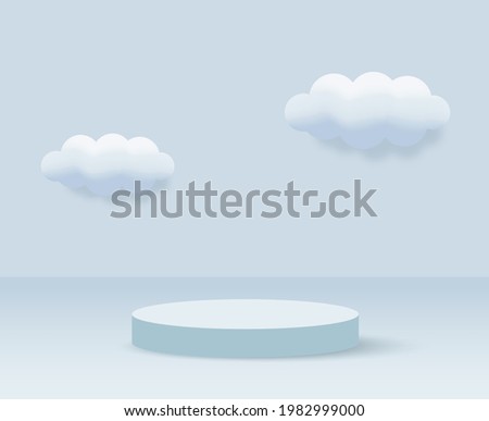 3d blue rendering with podium and minimal cloud scene, minimal product display background 3d rendered geometric shape sky cloud blue pastel. Stage 3d render in cloud product platform