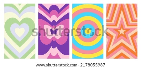 Set Of Butterfly,heart,star,cycle shape Geometric Abstract Backgrounds. Lovely Vibes Posters Design. Trendy Y2K Illustration.
