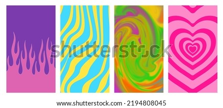 Set Of fire,fluid,heart,line Geometric Abstract Backgrounds. Lovely Vibes Posters Design. Trendy Y2K Illustration.
