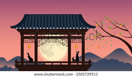 Mid-Autumn Moonlit Gathering ,Two rabbits gaze at the full moon, perched on a traditional Chinese pavilion adorned with lanterns, symbolizing reunion and harmony during the Mid-Autumn Festival.