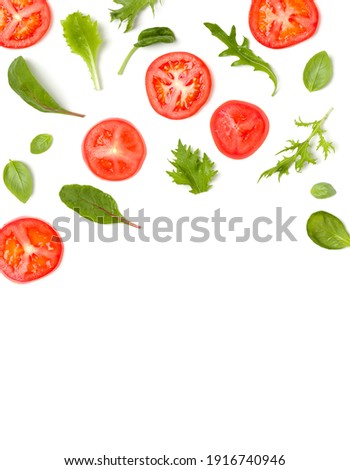 Creative layout made of tomato slices and lettuce salad leaves. Flat lay, top view. Food concept. Vegetables isolated on white background. Food ingredients pattern with copy space. Imagine de stoc © 