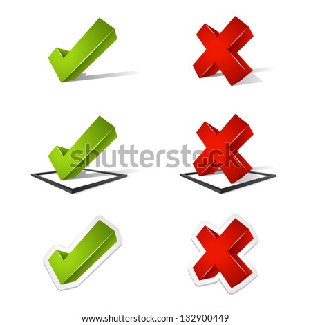Various three dimensional green check marks and red x marks.