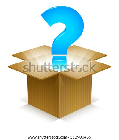 Blue Question Mark in shining light, floating out of a corrugated cardboard box. Labeled Global Color Swatches for ultra simple color editing! EPS 10 Vector.