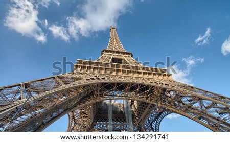 Paris, La Tour Eiffel. Upward view from Champs de Mars.