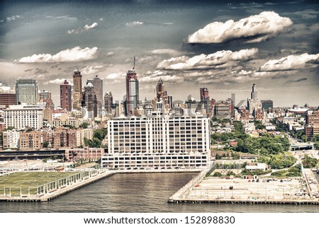 Aerial view of West side Manhattan from Hudson river.