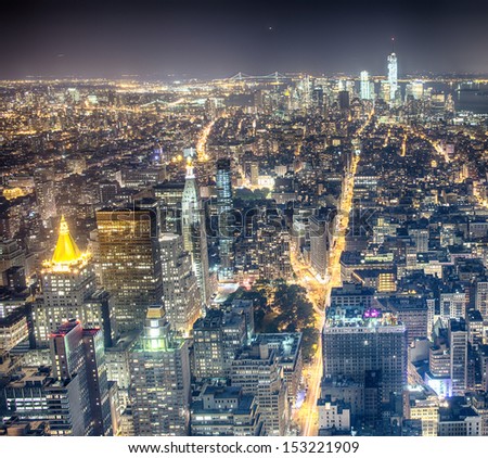 Stunning night view of Lower Manhattan skyline from the Empire State Building.