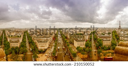View of Paris southwestern side from Triumph Arc, City streets from Etoile roundabout.