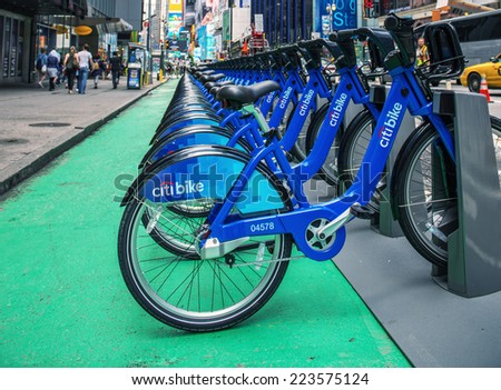 NEW YORK CITY, USA - MAY 24, 2013: Citi Bikes in New York City at docking station in Times Square.