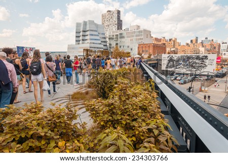 NEW YORK - CIRCA MAY 2013: The High Line Park, New York, circa May 2013. The High Line is a popular linear park built on the elevated train tracks above Tenth Ave in New York City