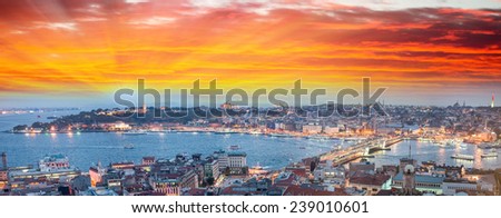 Wonderful panoramic view of Istanbul at dusk across Golden Horn river.
