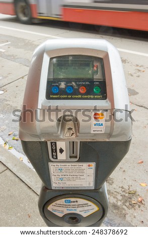SAN FRANCISCO - JUNE 24, 2012: Parking meter in city center. Finding parking in the city is difficult and very expensive.