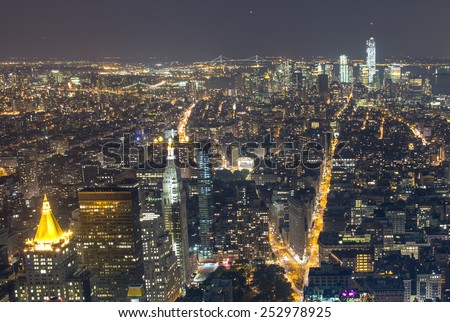 Stunning night view of Lower Manhattan skyline from the Empire State Building.