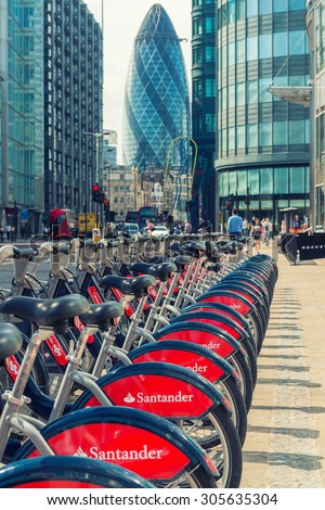 LONDON, UK - JUNE 12: Detail of Boris bikes in line. June 12, 2015 in City of London. On 27 February 2015, Mayor Boris Johnson secured Santander\'s sponsorship on the bike\'s scheme to replace Barclays