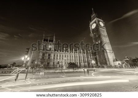 Westminster at night. Black and white view of London.