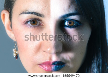 Portrait of a woman showing her two faces, one for days, the other one for nights