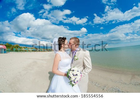 Young and beautiful bride and groom on the beach in summer