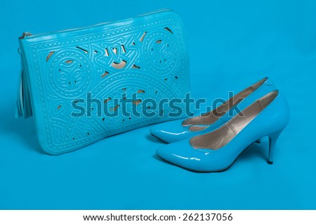 Beautiful blue shoes and handbag on blue background