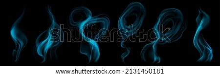 Set of several realistic transparent light blue smokes or steam, for use on dark background. Transparency only in vector format