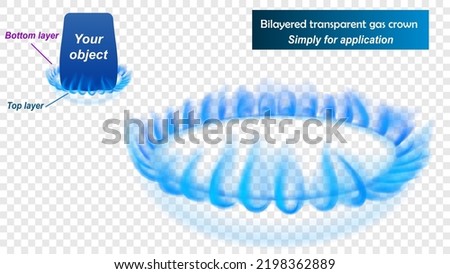 Translucent blue flames of natural gas, consisting of two layers - top and bottom. Kitchen gas burner. For use on on light background