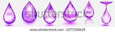 Set of realistic translucent water drops in light purple colors in various shapes with glares and shadows, isolated on transparent background. Transparency only in vector format